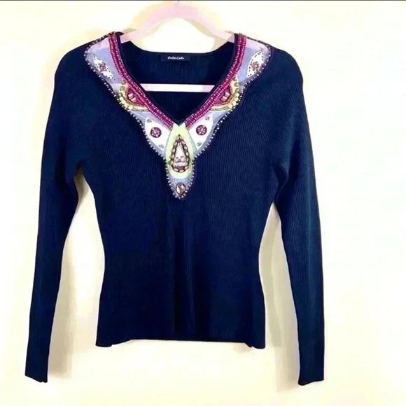DOLCE CABO Boho Tribal Fitted Rib Beaded Long Sleeve V-Neck Cropped Sweater(4/6) - Picture 1 of 8